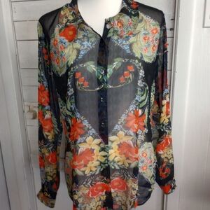 Cabi Floral Top Blouse Semi Sheer Long Sleeve Amour Size Medium Cottagecore Boho